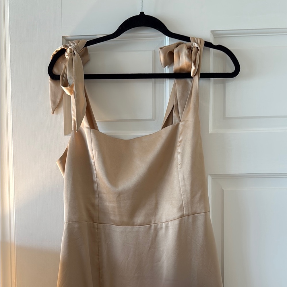 Elegant Tan Sleeveless Dress with Bow Straps